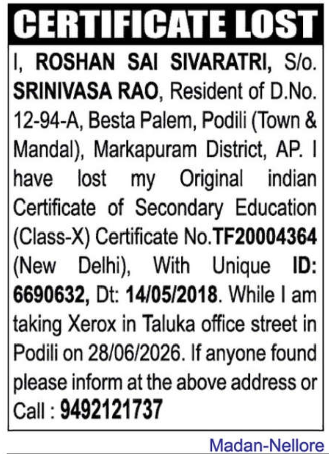 📄 Certificate Lost Notice – Roshan Sai Sivaratri