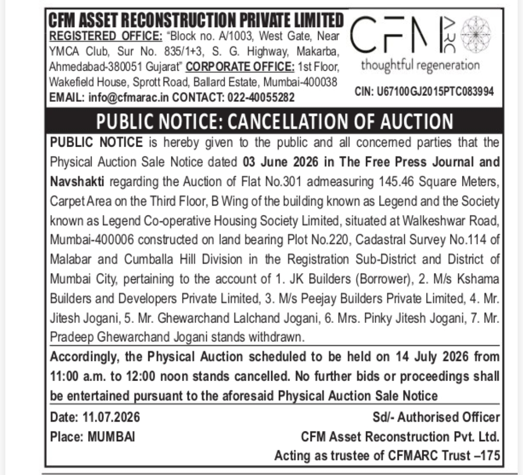 📢 CFM Asset Reconstruction Pvt. Ltd. – Auction Cancellation Notice
