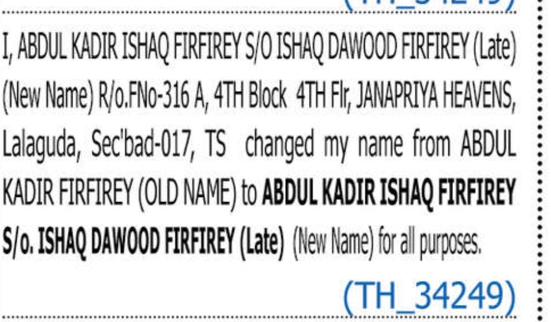 ✍️ Change of Name – Abdul Kadir Ishaq Firfirey S/o Ishaq Dawood Firfirey (Late) | Lalaguda, Secunderabad