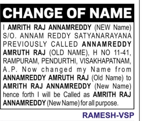 change of name. AMRITH RAJ ANNAMREDDY