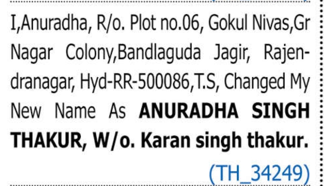 CHANGE OF NAME ANURADHA SINGH THAKUR