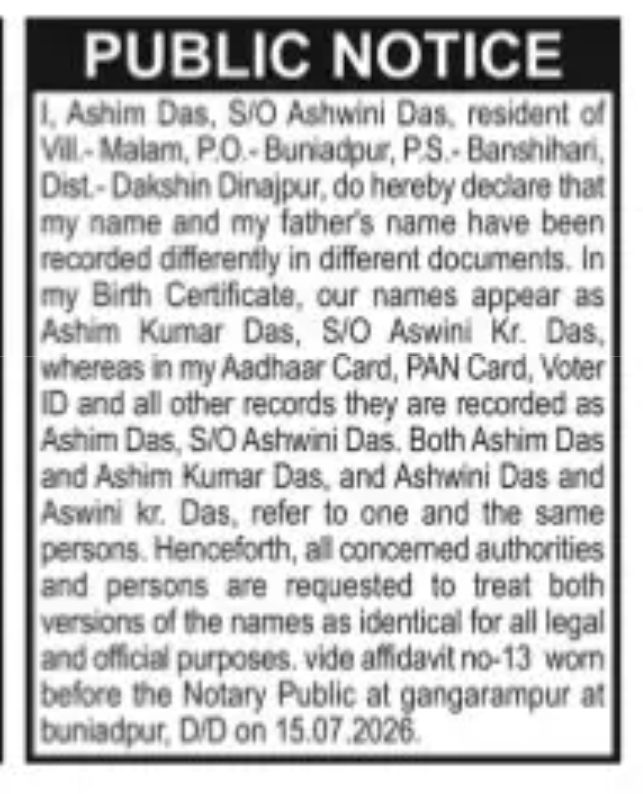 CHANGE OF NAME ASHIM DAS