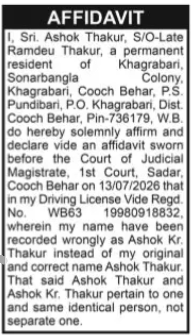 CHANGE OF NAME ASHOK THAKUR