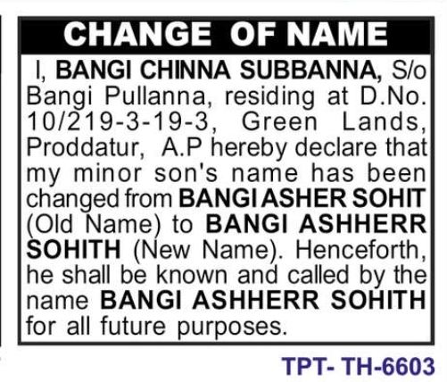 change of name. BAMGI ASHHERR SOHITH