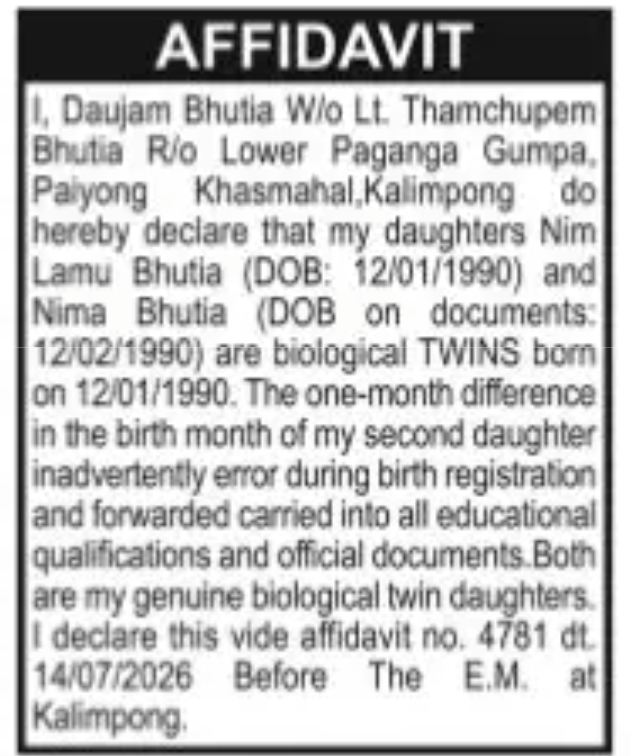 CHANGE OF NAME BAUJAM BHUTIA