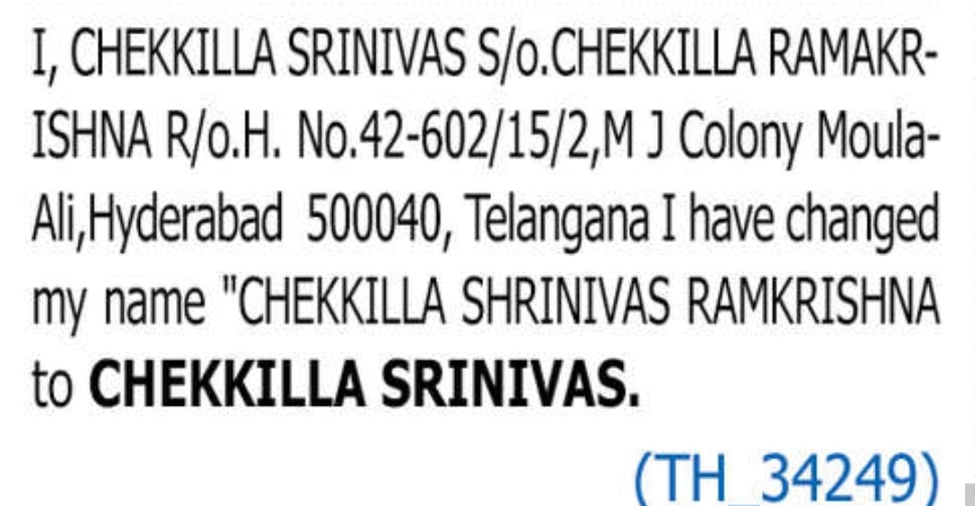 ✍️ Change of Name – Chekkilla Srinivas | Moula Ali, Hyderabad📢 Change of Name