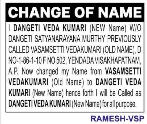 change of name. DANGETI VEDA KUMARI