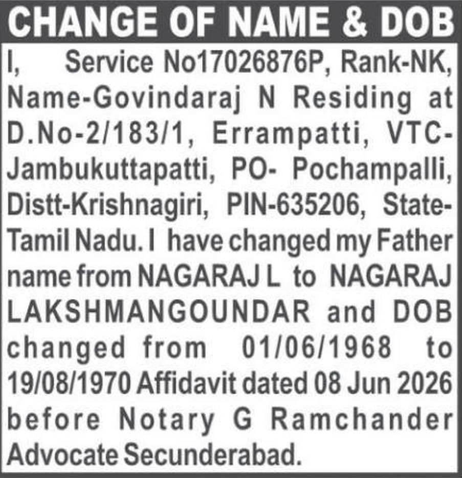 📝 CHANGE OF NAME & DATE OF BIRTH – Govindaraj N