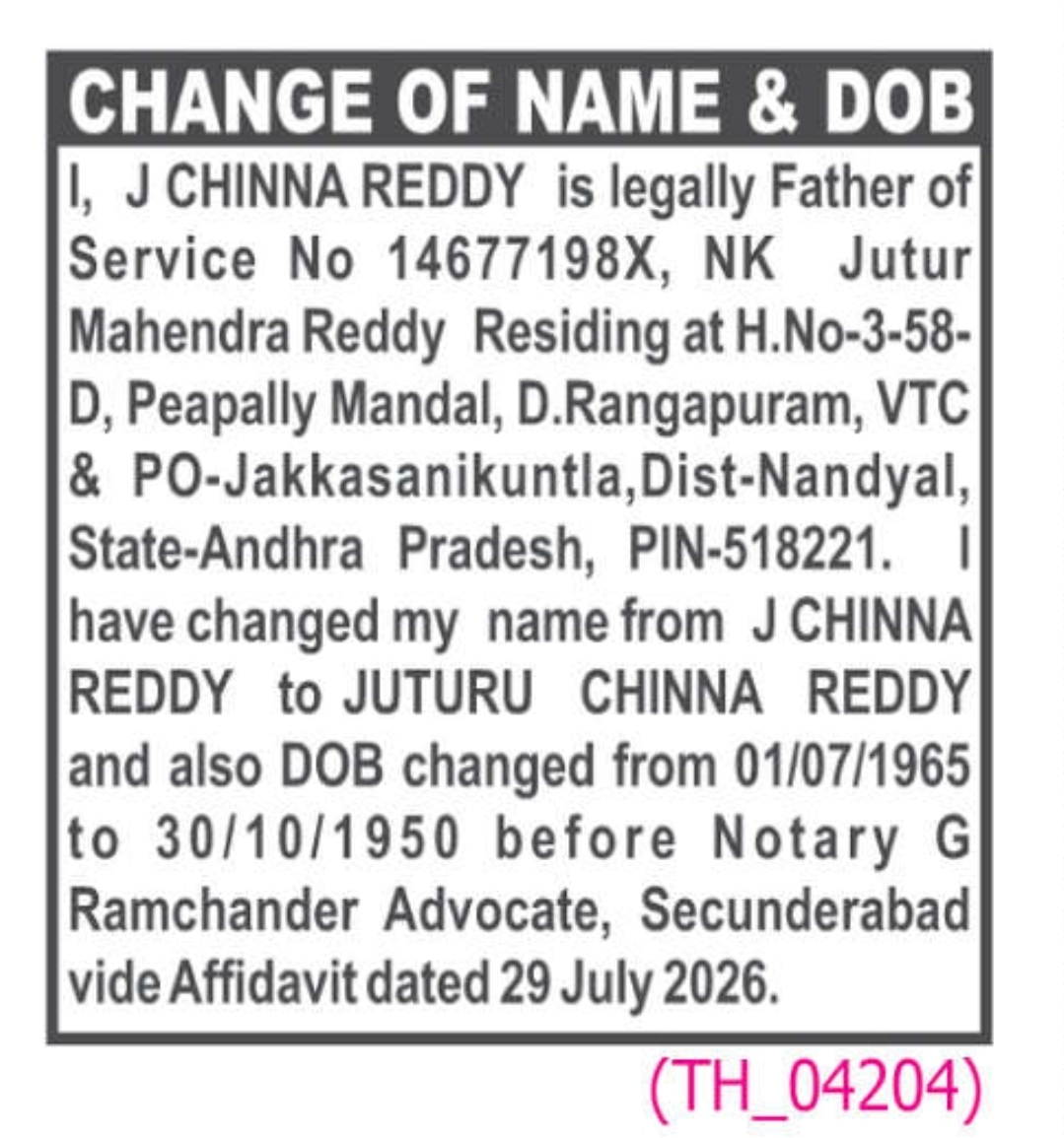 ✍️ Change of Name & Date of Birth – Juturu Chinna Reddy | Peapally Mandal, Nandyal