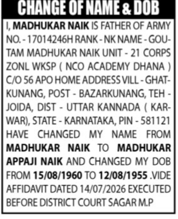 📝 Change of Name & Date of Birth Notice – Madhukar Appaji Naik