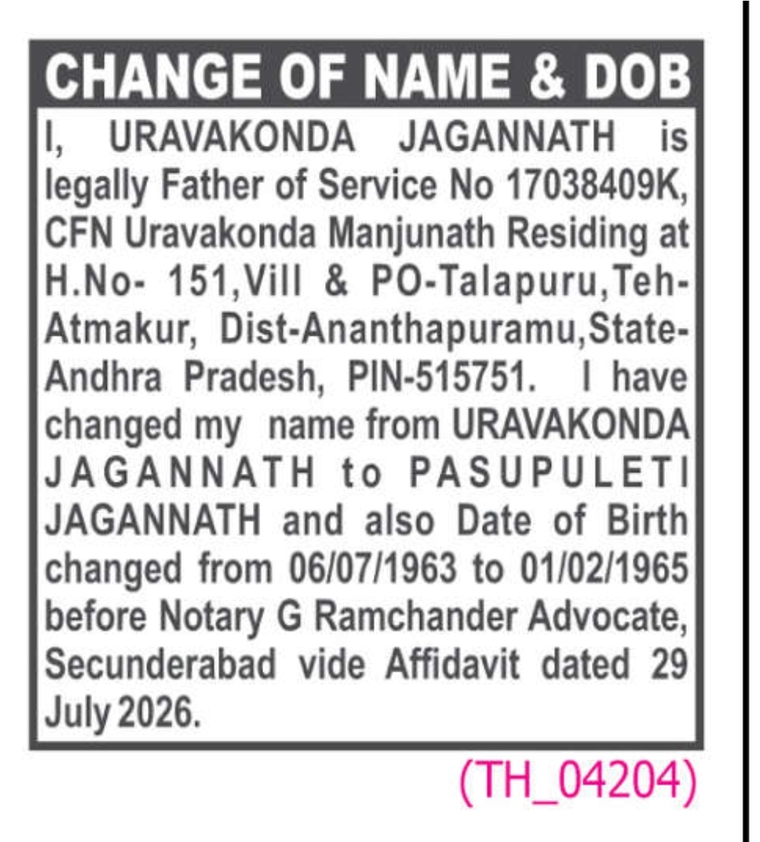 CHANGE OF NAME & DOB - RAVAKONDA AEGANNATH