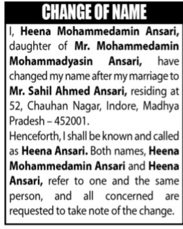 Change of Name – Heena Mohammedamin Ansari
