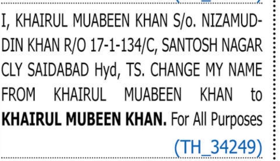 ✍️ Change of Name – Khairul Mubeen Khan | Santosh Nagar, Saidabad, Hyderabad