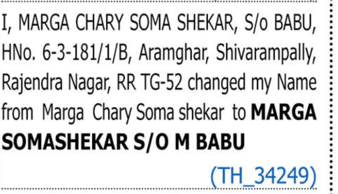 ✍️ Change of Name – Marga Somashekar S/o M Babu | Aramghar, Rajendra Nagar