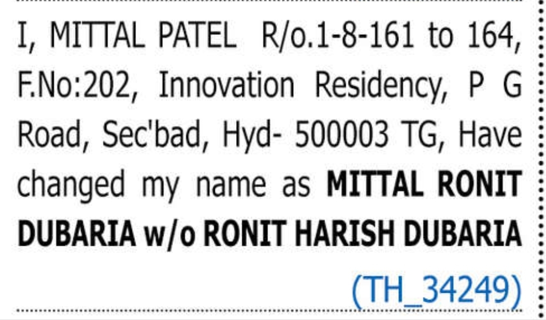 CHANGE OF NAME MITTAL RONIT DUBARIA