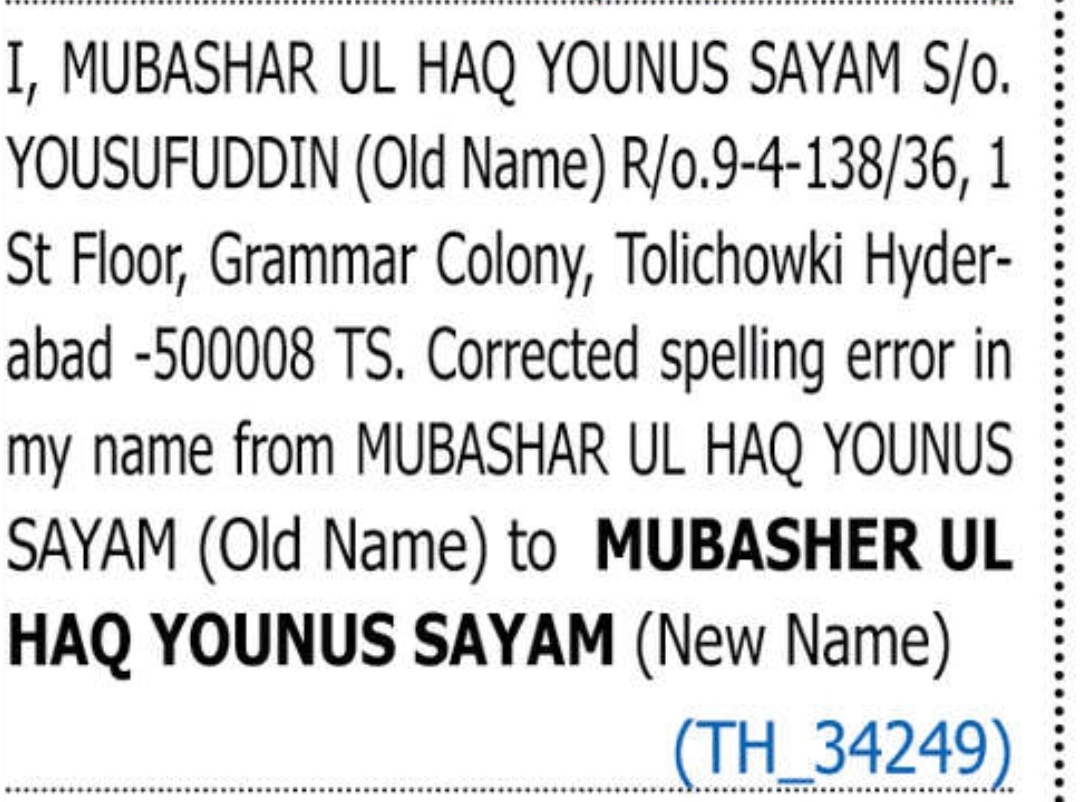 ✍️ Change of Name – Mubasher Ul Haq Younus Sayam | Tolichowki, Hyderabad