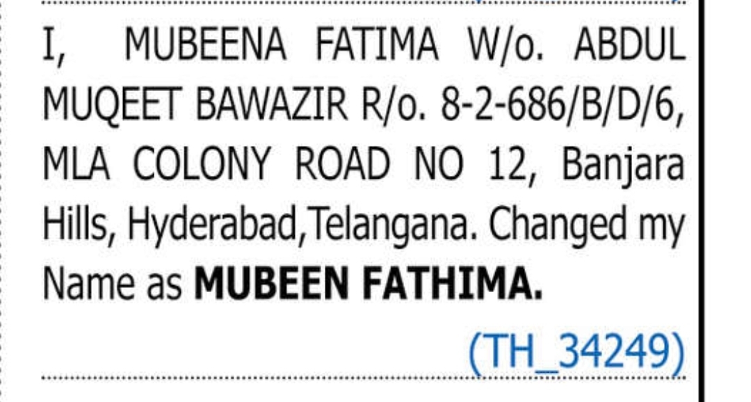 CHANGE OF NAME MUBEEN FATHIMA