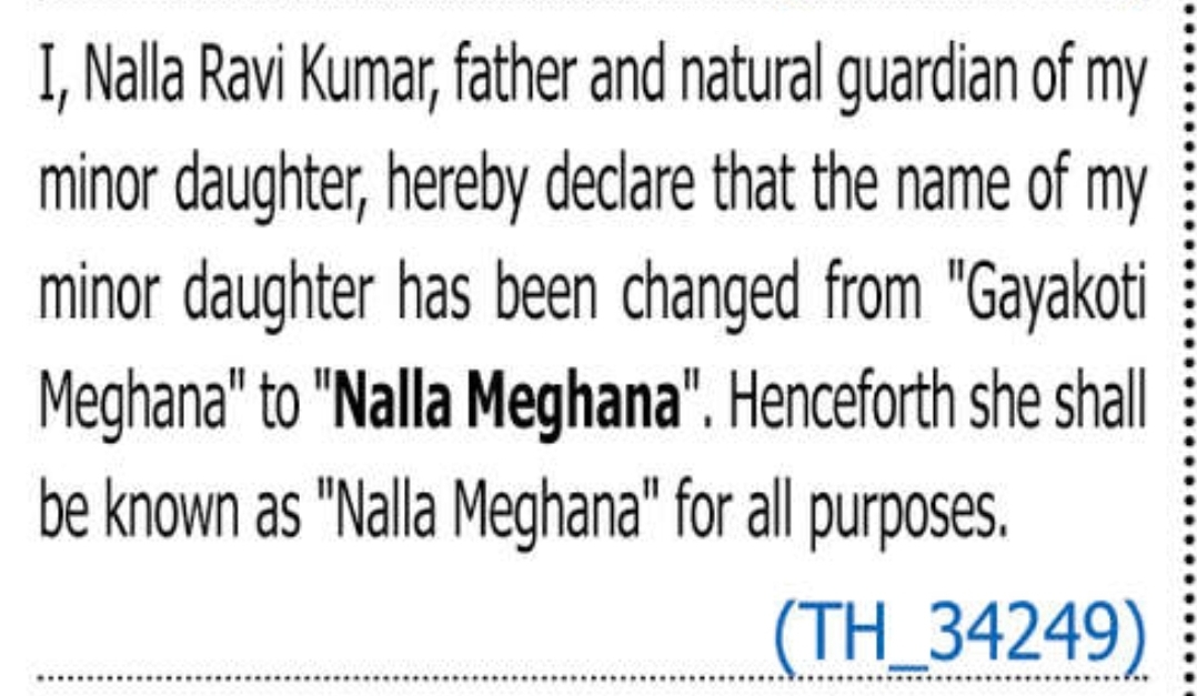 CHANGE OF NAME NALLA MEGHANA