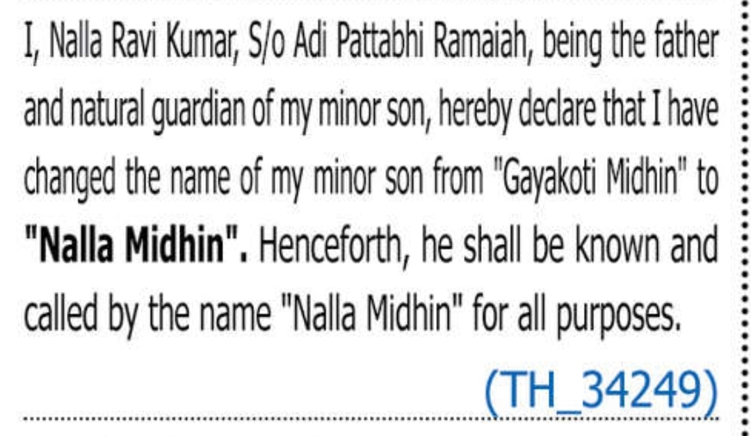 CHANGE OF NAME NALLA MIDHIN