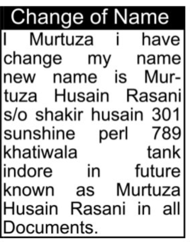 📝 Change of Name Notice – Murtuza Husain Rasani