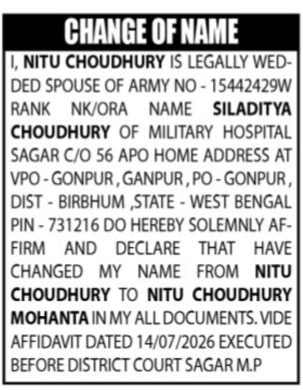 📝 Change of Name Notice – Nitu Choudhury Mohanta