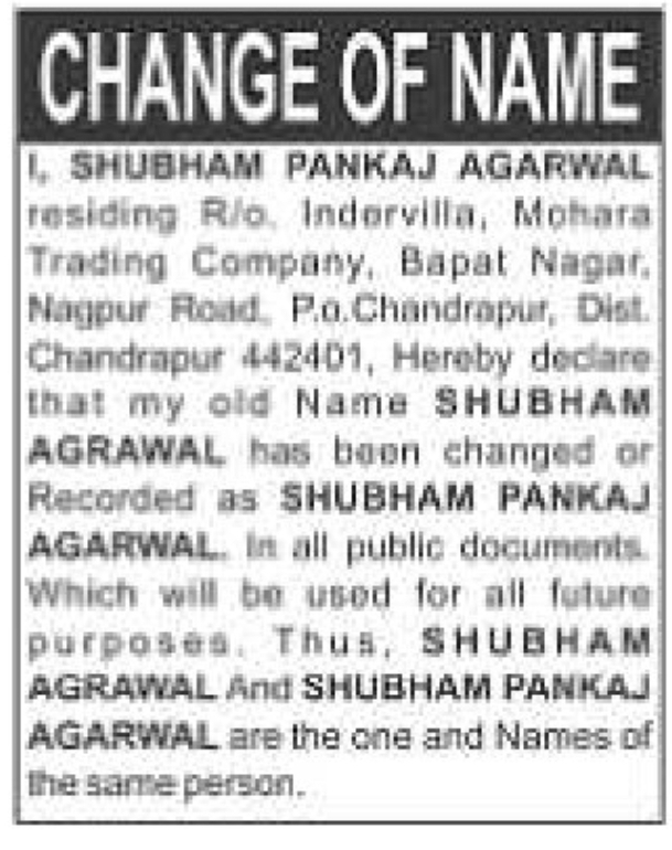 📝 Change of Name Notice SHUBHAM PANKAJ AGARWAL