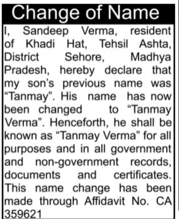 📝 Change of Name Notice – Tanmay Verma