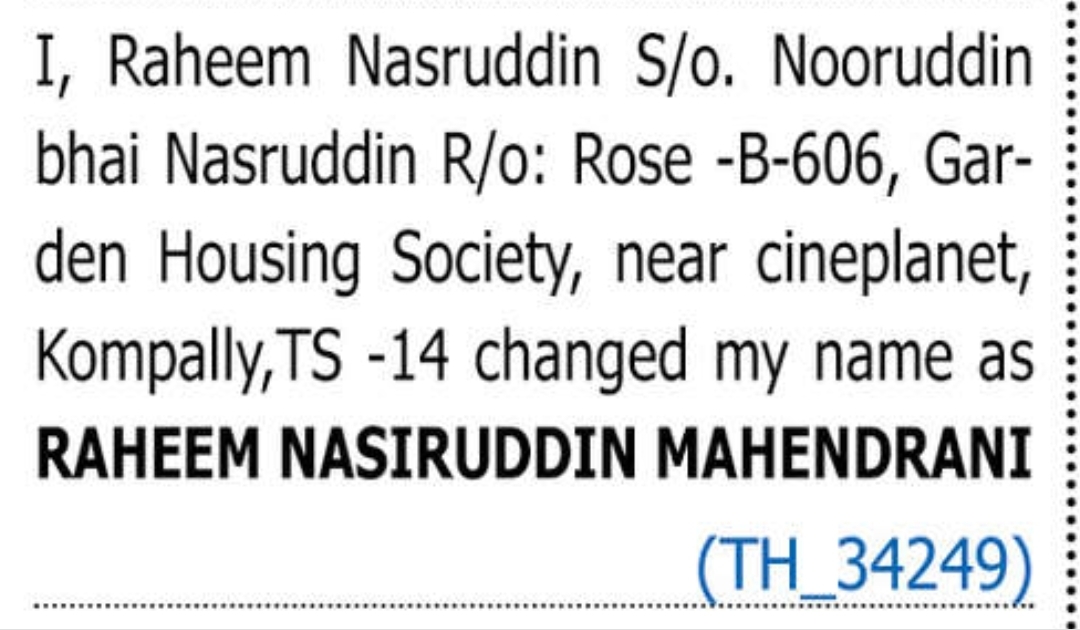 CHANGE OF NAME  RAHEEM NASIRUDDIN MAHENDRANI