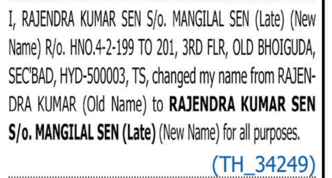 CHANGE OF NAME RAJENDRA KUMAR SEN