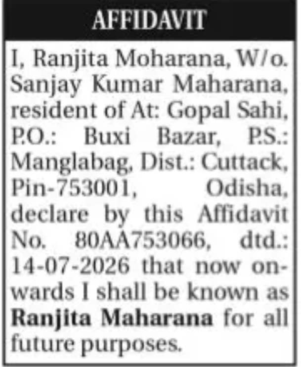 CHANGE OF NAME RANJITA MOHARANA