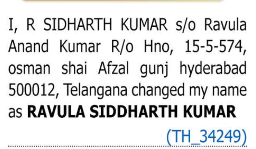 ✍️ Change of Name – Ravula Siddharth Kumar | Afzal Gunj, Hyderabad