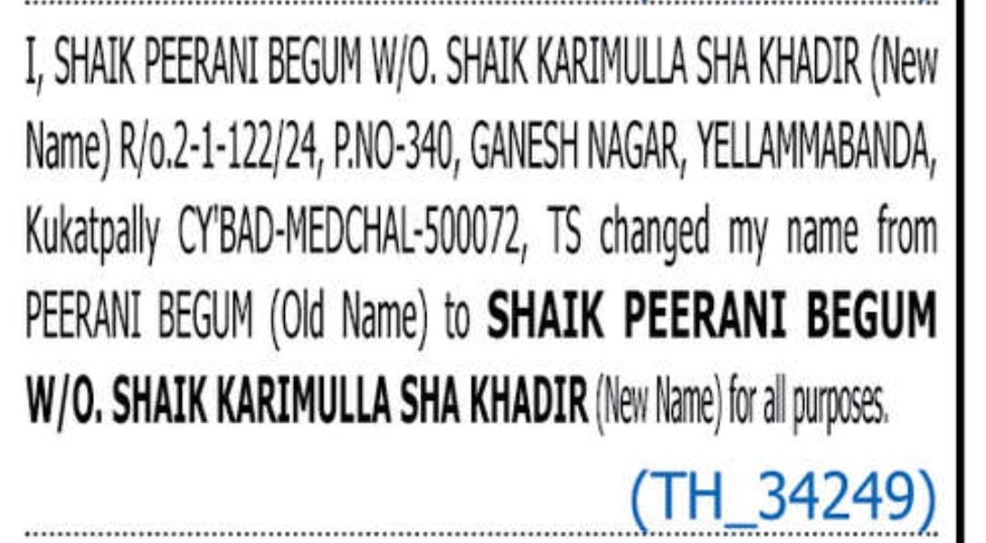 CHANGE OF NAME SHAIK PEERANI BEGUM