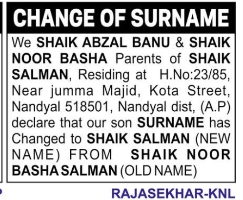 change of name. SHAIK SALMAN
