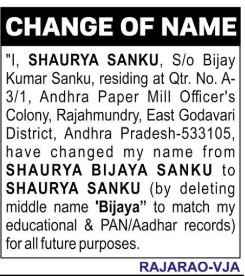 change of name SHAURYA SANKU
