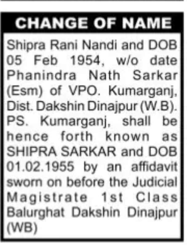 CHANGE OF NAME Shipra Rani Nandi