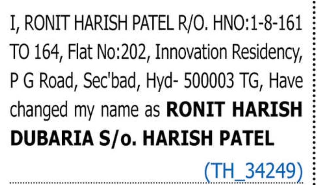 CHANGE OF NAME TONIT HARISH DUBARIA