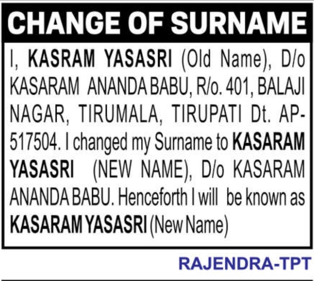 ✍️ Change of Surname – Kasaram Yasasri | Tirupati