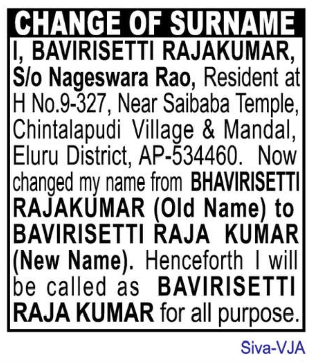 🪪 Change of Surname Notice – Bavirisetti Rajakumar