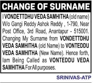 ✍️ Change of Surname – Vonteddu Veda Samhitha | Anantapur