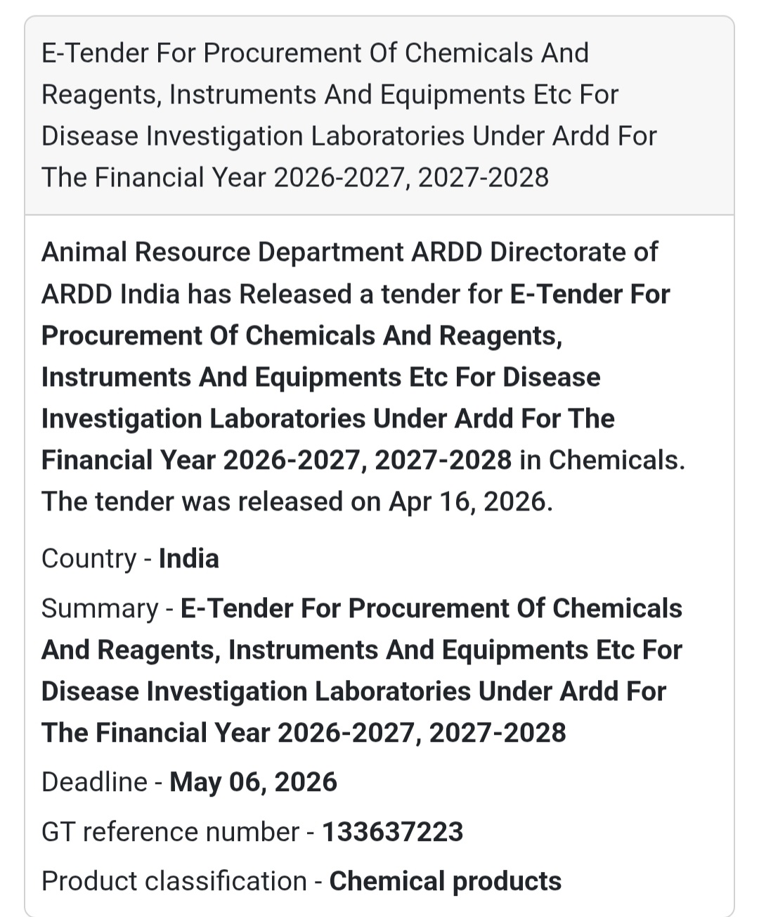 🧪 Chemicals & Lab Equipment Procurement Tender