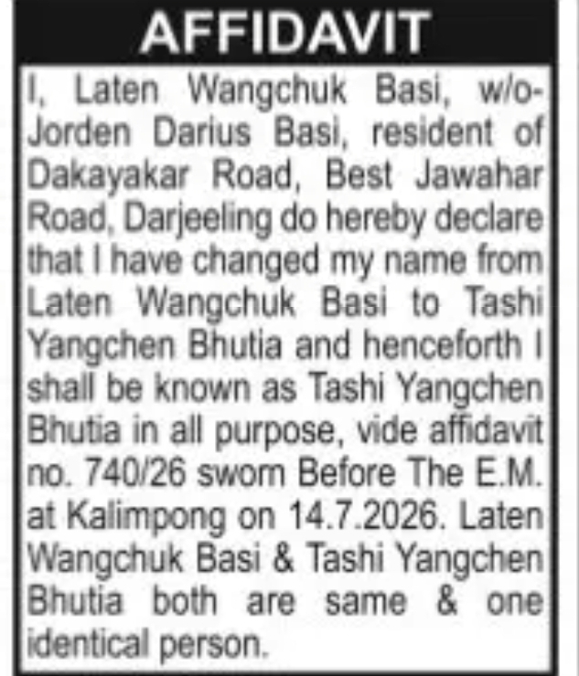 CHNAGE OF NAME LATEN WANGCHUK BASI