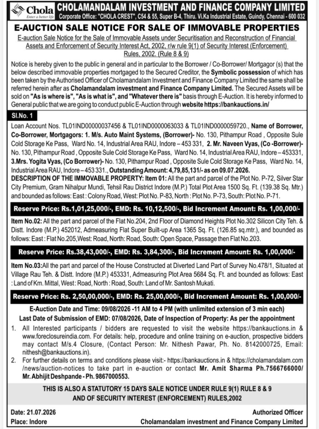 📢 Cholamandalam Announces E-Auction of Mortgaged Properties