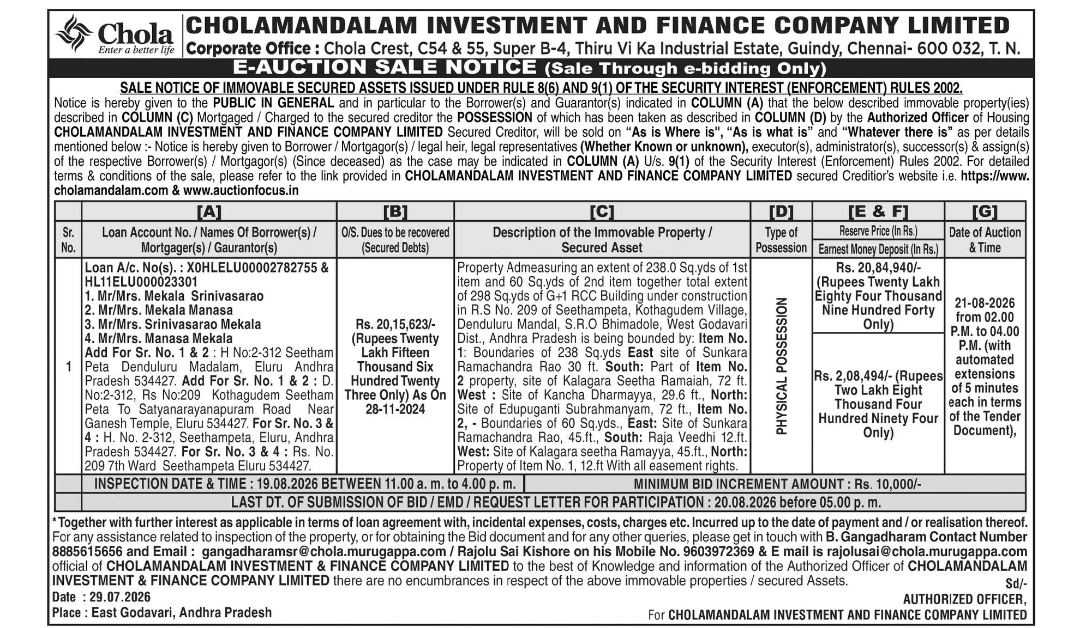 🏡 Cholamandalam E-Auction Sale Notice | Seethampeta, Eluru, Andhra Pradesh
