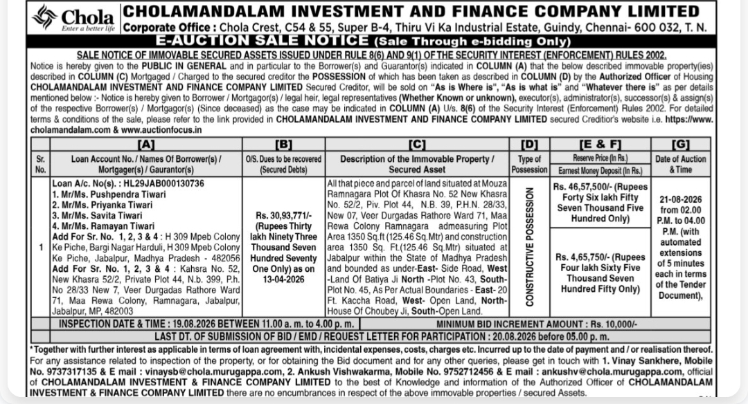 🏠 Cholamandalam Finance – E-Auction Sale Notice