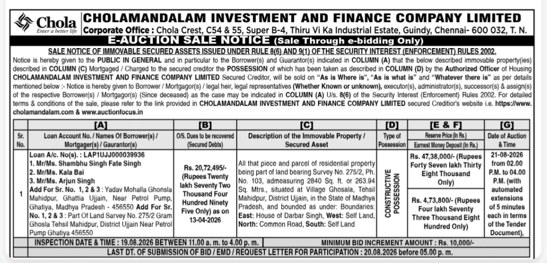 Cholamandalam Investment & Finance – E-Auction Sale Notice