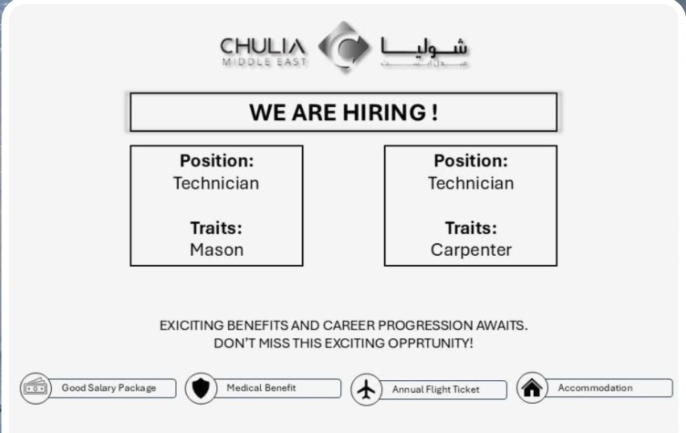 🏗️ Chulia Middle East Hiring – Dubai 🇦🇪