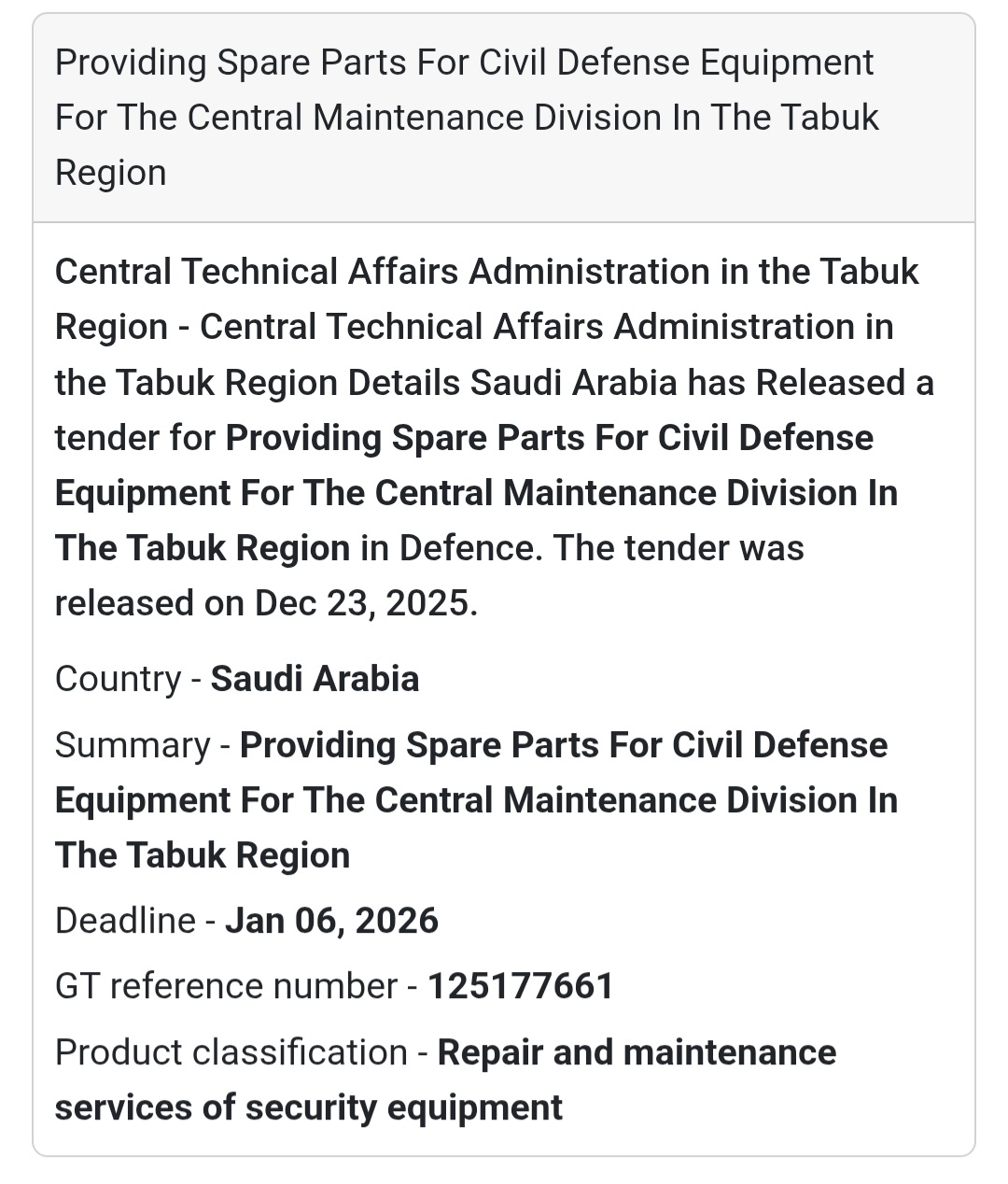🚒 Civil Defense Equipment Spare Parts – Tabuk