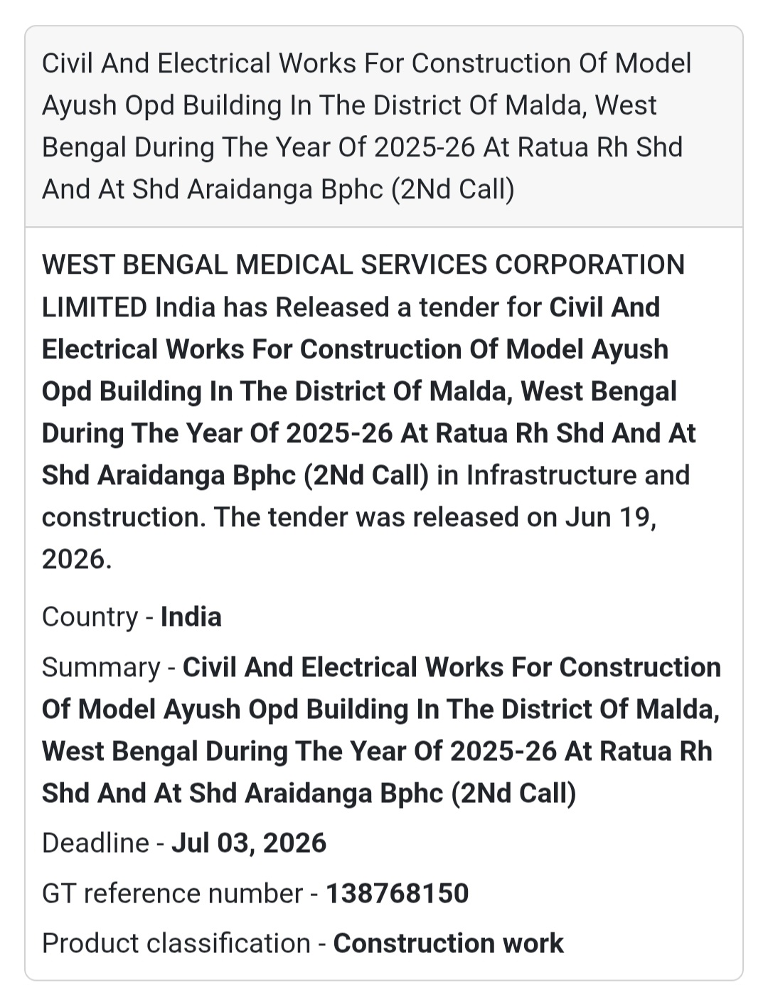 ⚡ Civil & Electrical Works for Model AYUSH OPD Buildings, Malda (2nd Call)