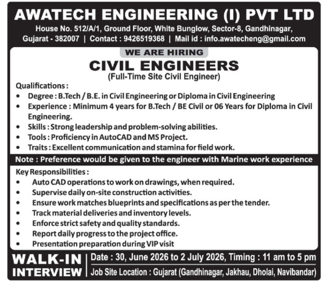 Civil Engineers Required – Awatech Engineering (I) Pvt. Ltd.