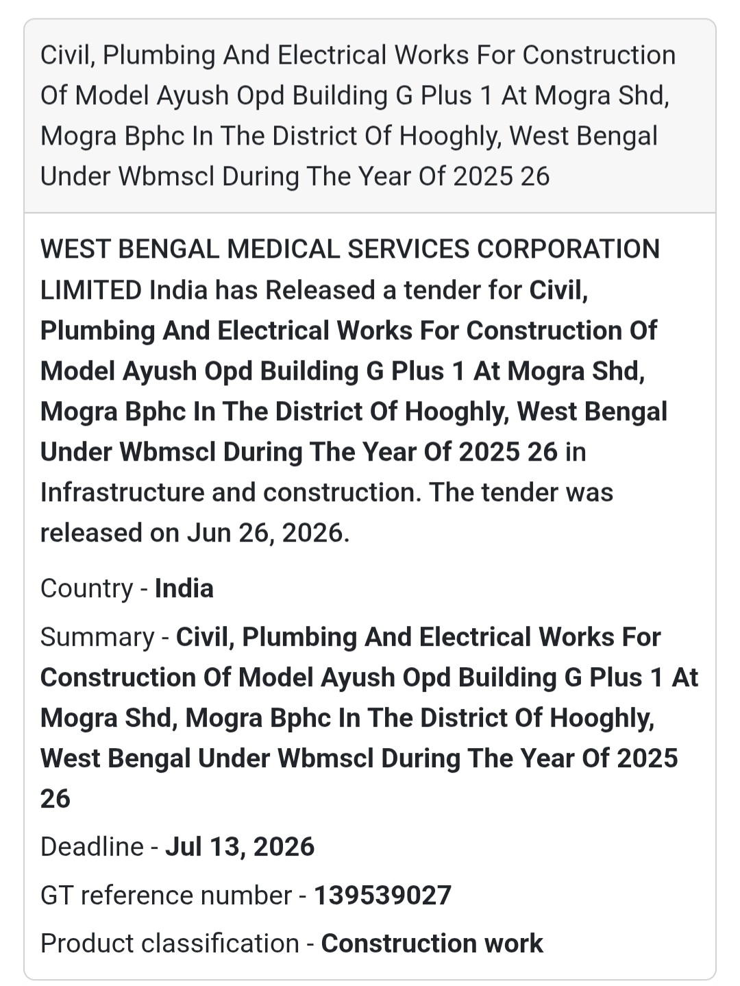Civil, Plumbing & Electrical Works for Model Ayush OPD Building at Mogra SHD – Hooghly, West Bengal